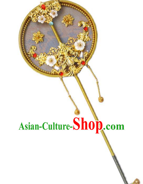 China Traditional Wedding Golden Circular Fan Handmade Palace Fan Classical Hanfu Fan