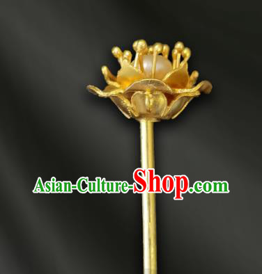 Chinese Traditional Ming Dynasty Golden Peach Blossom Hairpin Ancient Empress Pearl Hair Stick