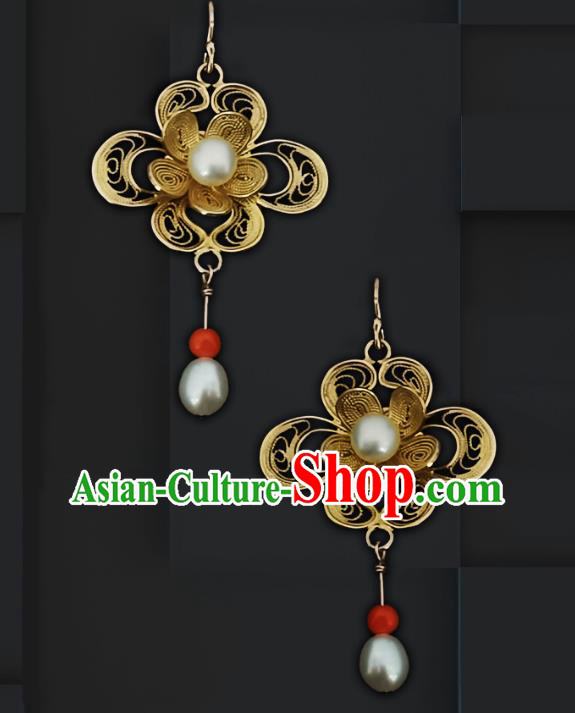 China Traditional Cheongsam Golden Flower Earrings Handmade Qing Dynasty Pearls Ear Accessories