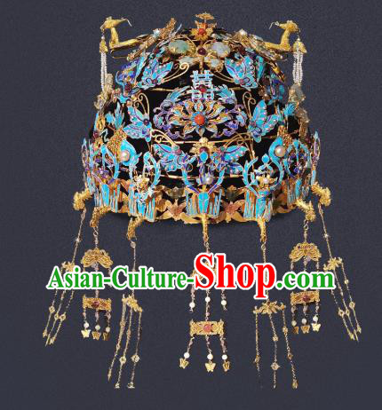 Chinese Traditional Ming Dynasty Cloisonne Phoenix Coronet Ancient Empress Tassel Hair Crown
