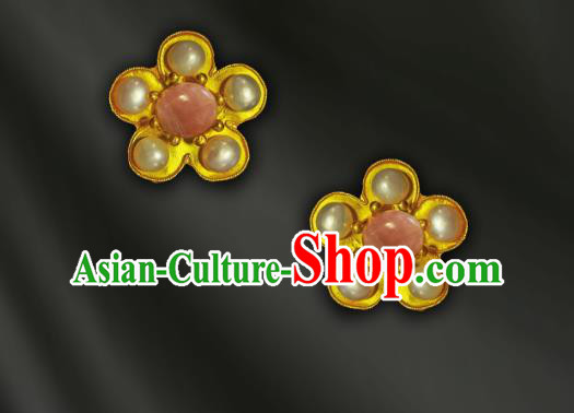 China Traditional Cheongsam Rose Quartz Earrings Handmade Golden Plum Blossom Ear Accessories