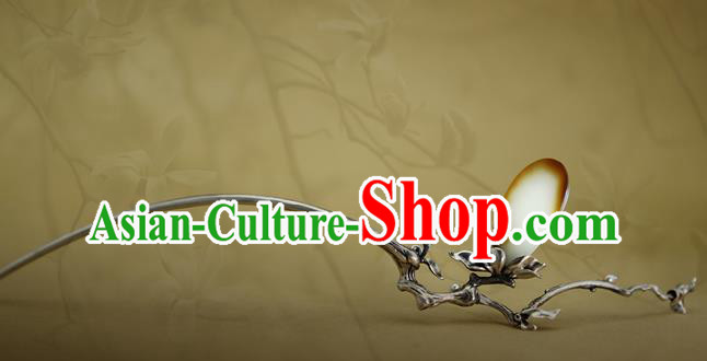 Chinese National Silver Mangnolia Hair Stick Traditional Cheongsam Hetian Jade Hairpin