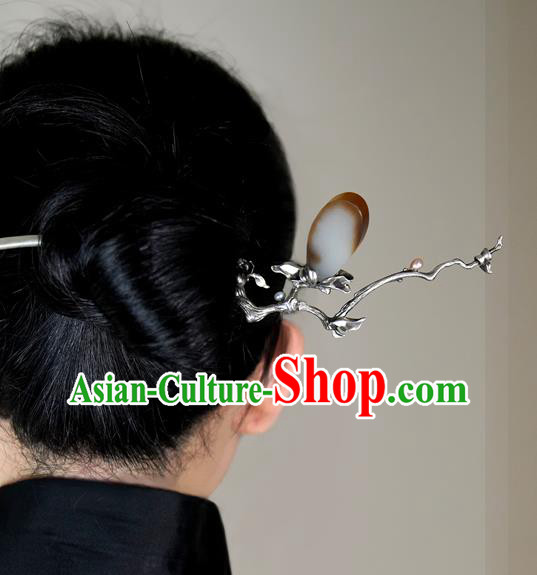 Chinese National Silver Mangnolia Hair Stick Traditional Cheongsam Hetian Jade Hairpin