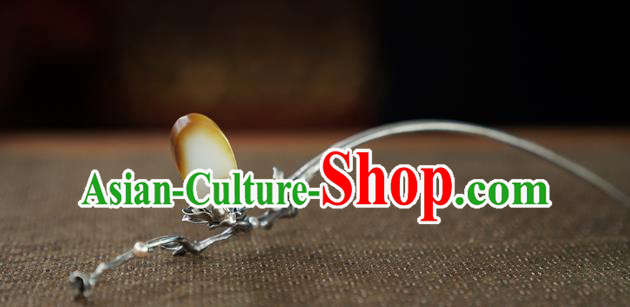 Chinese National Silver Mangnolia Hair Stick Traditional Cheongsam Hetian Jade Hairpin