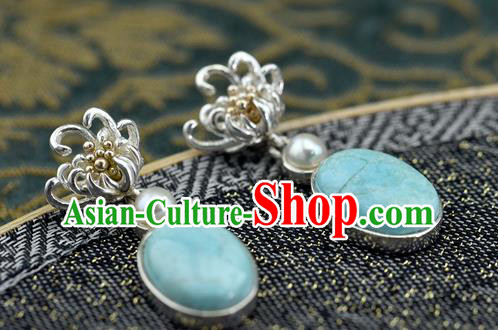 China Traditional Cheongsam Silver Chrysanthemum Earrings Handmade Kallaite Ear Accessories