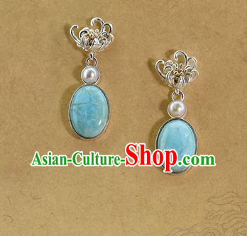 China Traditional Cheongsam Silver Chrysanthemum Earrings Handmade Kallaite Ear Accessories