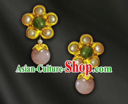 China Handmade Pearls Plum Ear Accessories Traditional Cheongsam Rose Quartz Tassel Earrings