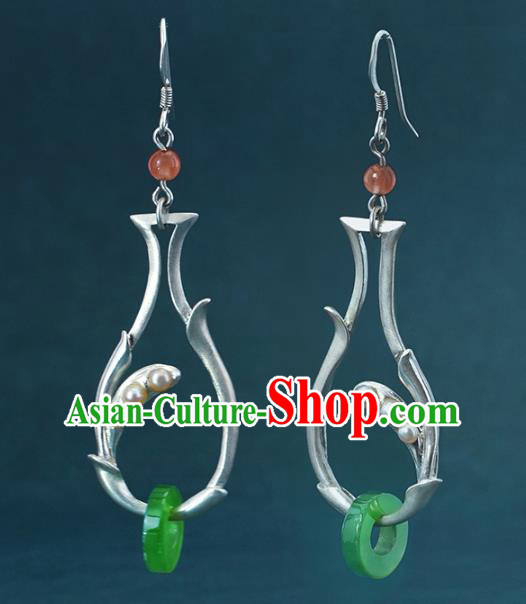 China Traditional Cheongsam Silver Vase Earrings Handmade Jadeite Ring Ear Accessories