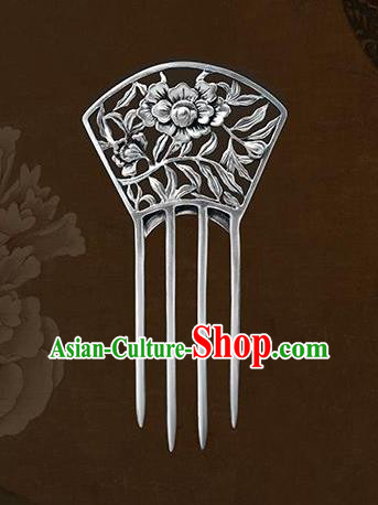 Chinese National Silver Hair Comb Cheongsam Carving Peony Hairpin Traditional Hair Accessories