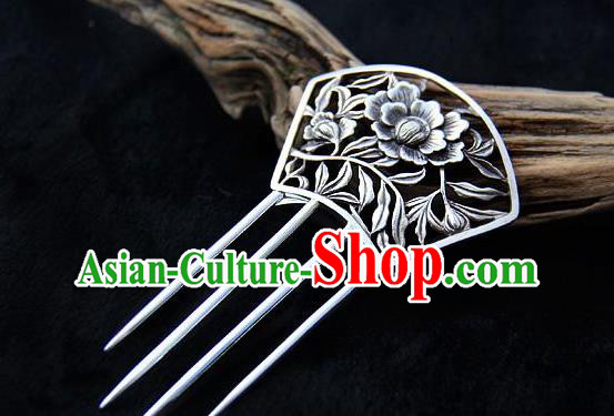 Chinese National Silver Hair Comb Cheongsam Carving Peony Hairpin Traditional Hair Accessories
