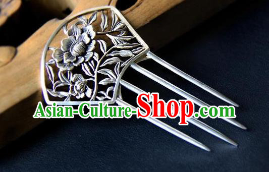 Chinese National Silver Hair Comb Cheongsam Carving Peony Hairpin Traditional Hair Accessories