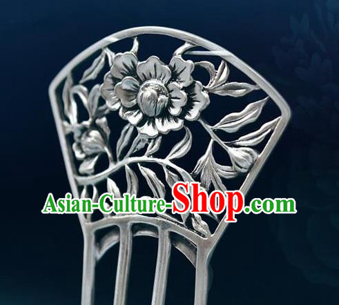 Chinese National Silver Hair Comb Cheongsam Carving Peony Hairpin Traditional Hair Accessories