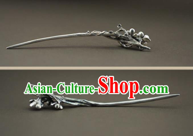 Chinese Handmade Cheongsam Hairpin Traditional Hair Accessories National Silver Carving Plum Hair Stick