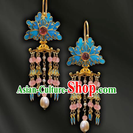 China Traditional Cheongsam Rose Quartz Tassel Earrings Handmade Qing Dynasty Empress Ear Accessories