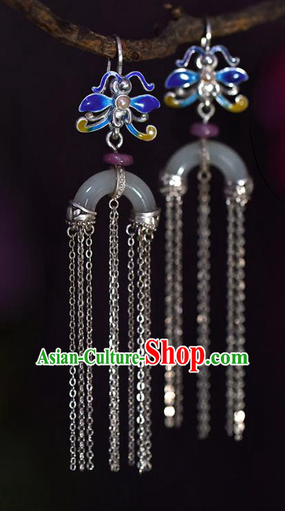 China Handmade Silver Tassel Ear Accessories Traditional Cheongsam Cloisonne Dragonfly Jade Earrings