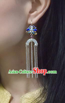 China Handmade Silver Tassel Ear Accessories Traditional Cheongsam Cloisonne Dragonfly Jade Earrings