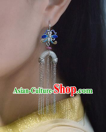 China Handmade Silver Tassel Ear Accessories Traditional Cheongsam Cloisonne Dragonfly Jade Earrings
