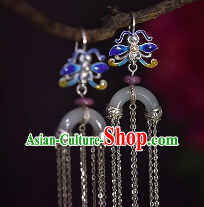 China Handmade Silver Tassel Ear Accessories Traditional Cheongsam Cloisonne Dragonfly Jade Earrings