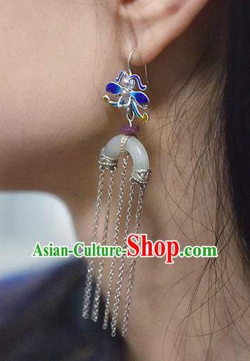 China Handmade Silver Tassel Ear Accessories Traditional Cheongsam Cloisonne Dragonfly Jade Earrings