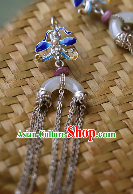 China Handmade Silver Tassel Ear Accessories Traditional Cheongsam Cloisonne Dragonfly Jade Earrings