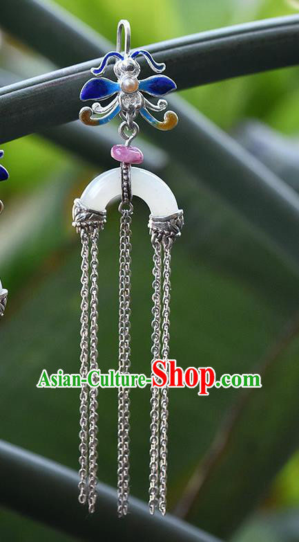 China Handmade Silver Tassel Ear Accessories Traditional Cheongsam Cloisonne Dragonfly Jade Earrings