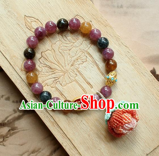 Chinese National Cheongsam Beads Lotus Wristlet Accessories Traditional Qing Dynasty Amethyst Bracelet