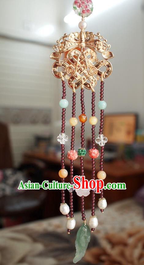Chinese Traditional Jadeite Pendant Accessories National Cheongsam Garnet Tassel Brooch