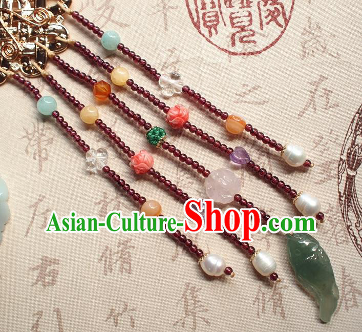 Chinese Traditional Jadeite Pendant Accessories National Cheongsam Garnet Tassel Brooch