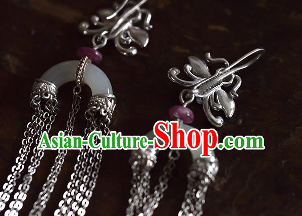 China Handmade Silver Tassel Ear Accessories Traditional Cheongsam Cloisonne Dragonfly Jade Earrings