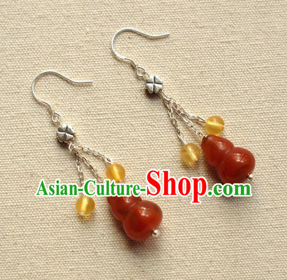 China Handmade Silver Ear Accessories Traditional Cheongsam Agate Gourd Earrings