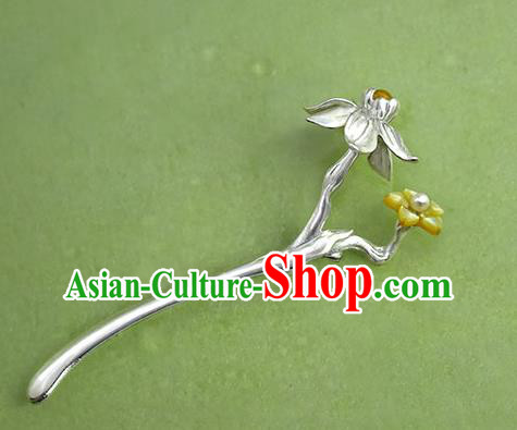 Chinese National Silver Daffodil Hair Stick Traditional Cheongsam Hair Accessories Handmade Shell Hairpin