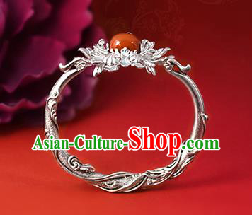 Chinese Traditional Silver Carving Peony Wristlet Accessories National Cheongsam Agate Bracelet