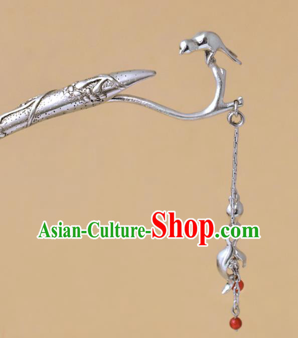 Chinese National Hair Stick Traditional Cheongsam Hair Accessories Handmade Silver Phoenix Head Tassel Hairpin