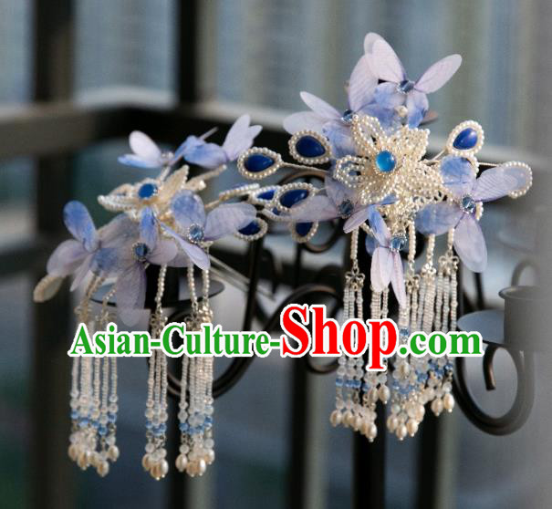 Chinese Traditional Ming Dynasty Hair Accessories Ancient Princess Blue Butterfly Pearls Tassel Hairpin