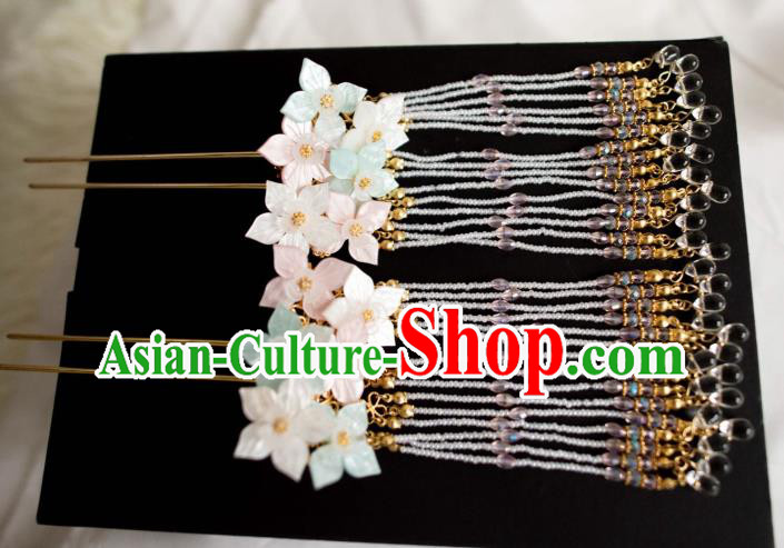 Chinese Ancient Princess Beads Tassel Hair Stick Traditional Ming Dynasty Palace Lady Shell Flowers Hairpin