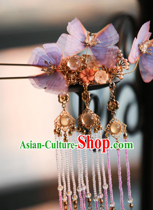 Chinese Traditional Ming Dynasty Lilac Silk Butterfly Hairpin Ancient Princess Beads Tassel Hair Stick