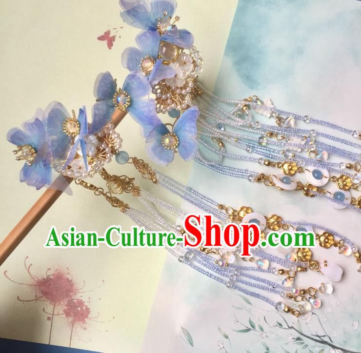 Chinese Traditional Ming Dynasty Blue Silk Butterfly Hairpin Ancient Princess Tassel Hair Claw