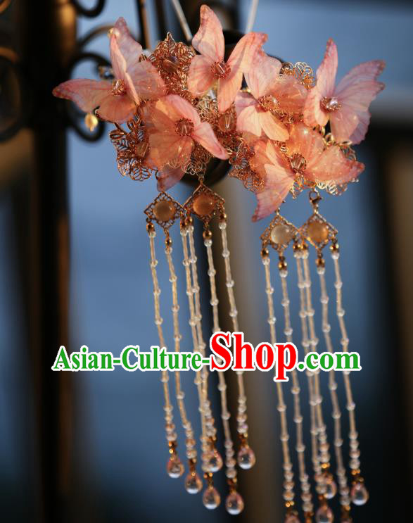 Chinese Ancient Princess Beads Tassel Hair Stick Traditional Hanfu Pink Silk Butterfly Hairpin