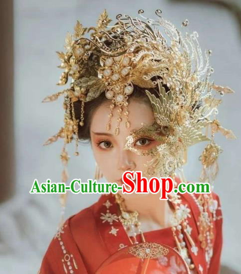 Chinese Traditional Wedding Headwear Ancient Imperial Concubine Golden Phoenix Crown and Mask