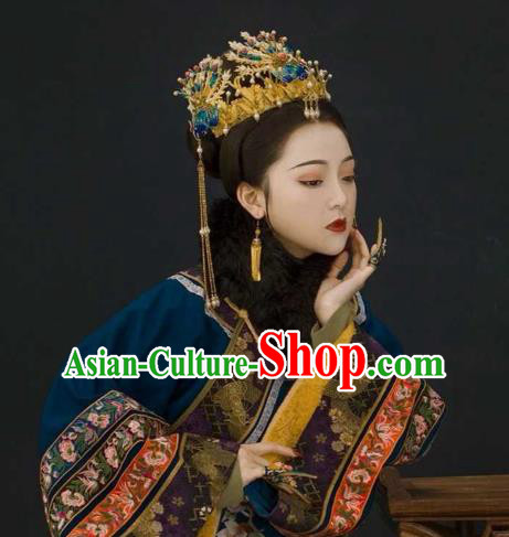 Chinese Qing Dynasty Queen Hair Accessories Ancient Imperial Concubine Blueing Phoenix Coronet