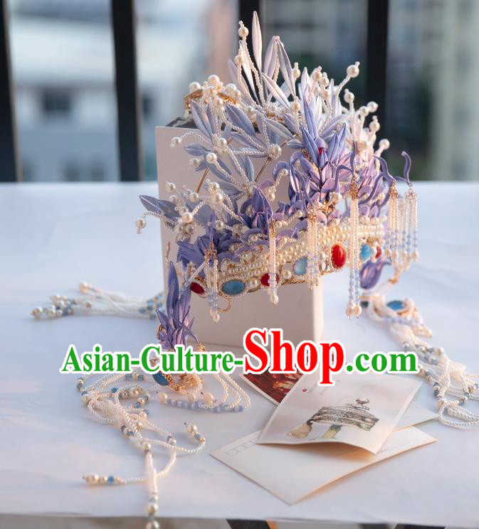 Chinese Traditional Song Dynasty Court Pearls Tassel Hair Accessories Ancient Imperial Concubine Lilac Silk Flowers Hair Crown