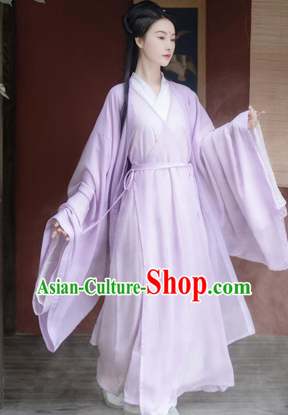 China Ancient Fairy Lilac Chiffon Hanfu Dress Traditional Jin Dynasty Young Beauty Historical Clothing