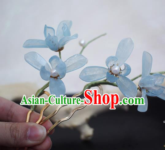 Chinese Ancient Palace Lady Hairpin Traditional Hanfu Blue Orchids Hair Stick