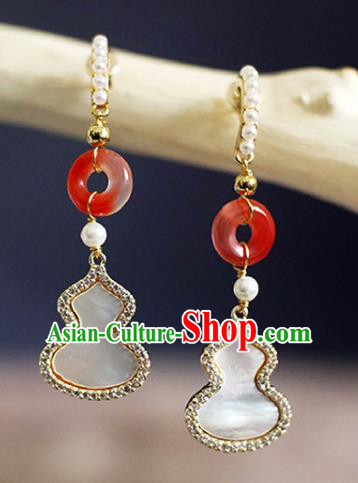China Handmade Shell Gourd Earrings Traditional Qing Dynasty Agate Pearls Ear Jewelry