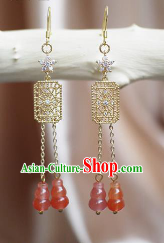 China Handmade Agate Gourd Tassel Earrings Traditional Ming Dynasty Empress Ear Jewelry