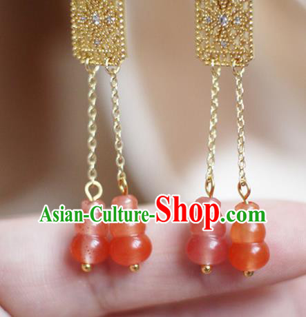 China Handmade Agate Gourd Tassel Earrings Traditional Ming Dynasty Empress Ear Jewelry