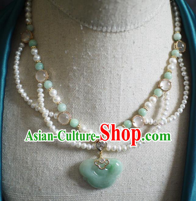 Chinese Traditional Song Dynasty Pearls Necklace Accessories Ancient Princess Jade Ingot Necklet