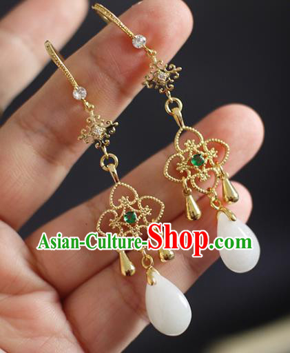 China Handmade Jadeite Earrings Traditional Ming Dynasty Golden Clover Ear Jewelry