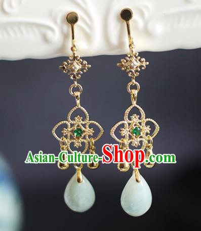 China Handmade Jadeite Earrings Traditional Ming Dynasty Golden Clover Ear Jewelry