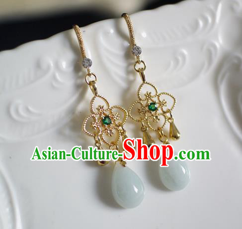 China Handmade Jadeite Earrings Traditional Ming Dynasty Golden Clover Ear Jewelry